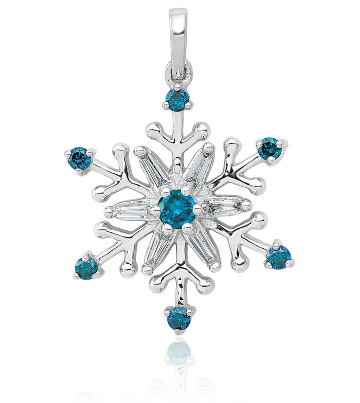 14K Solid White Gold Blue Diamond Snowflake Necklace Chain Pendant Charm