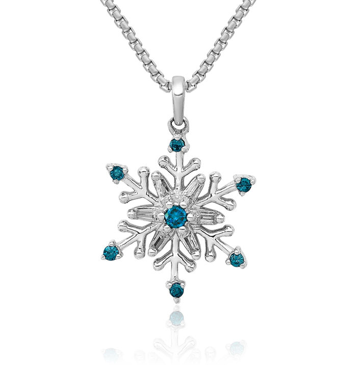 14K Solid White Gold Blue Diamond Snowflake Necklace Chain Pendant Charm