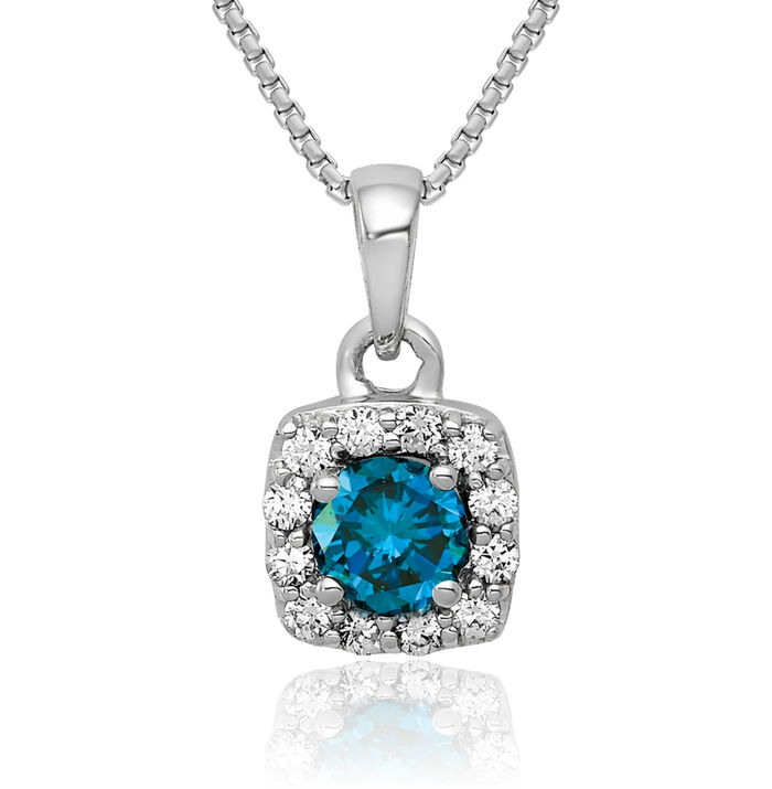 14K Solid White Gold Blue Diamond Square Necklace Chain Pendant Charm