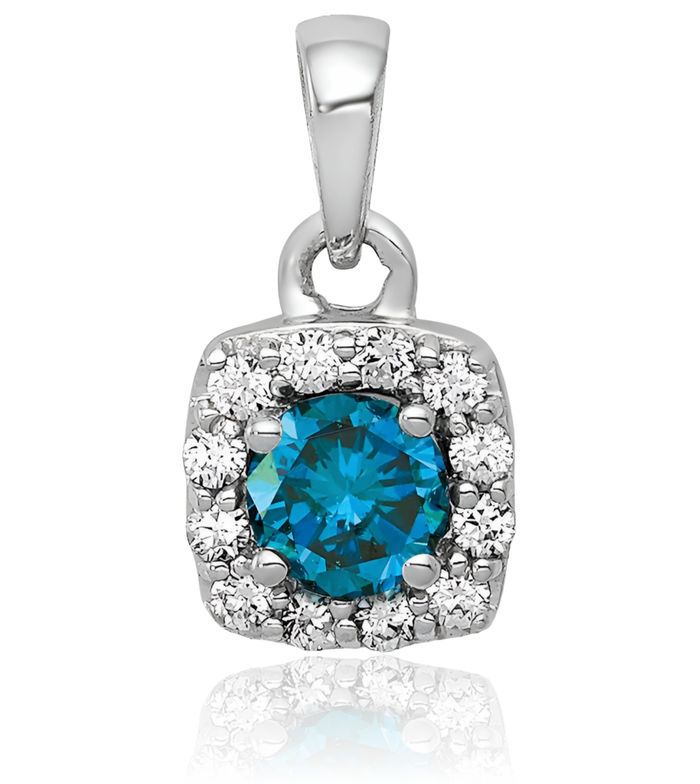 14K Solid White Gold Blue Diamond Square Necklace Chain Pendant Charm