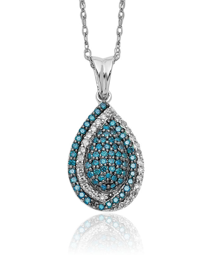 14K Solid White Gold Blue Diamond Teardrop Necklace Chain