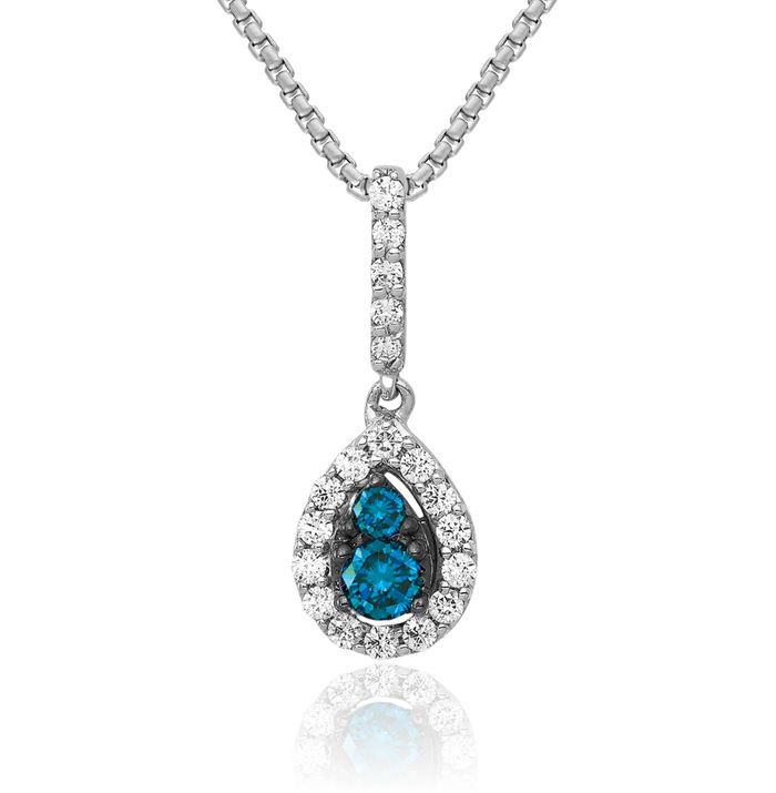 14K Solid White Gold Blue Diamond Teardrop Necklace Pear Pendant Charm