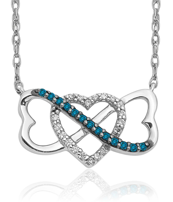 14K Solid White Gold Blue Diamond Triple Heart Necklace Love Pendant Friendship Charm Chain