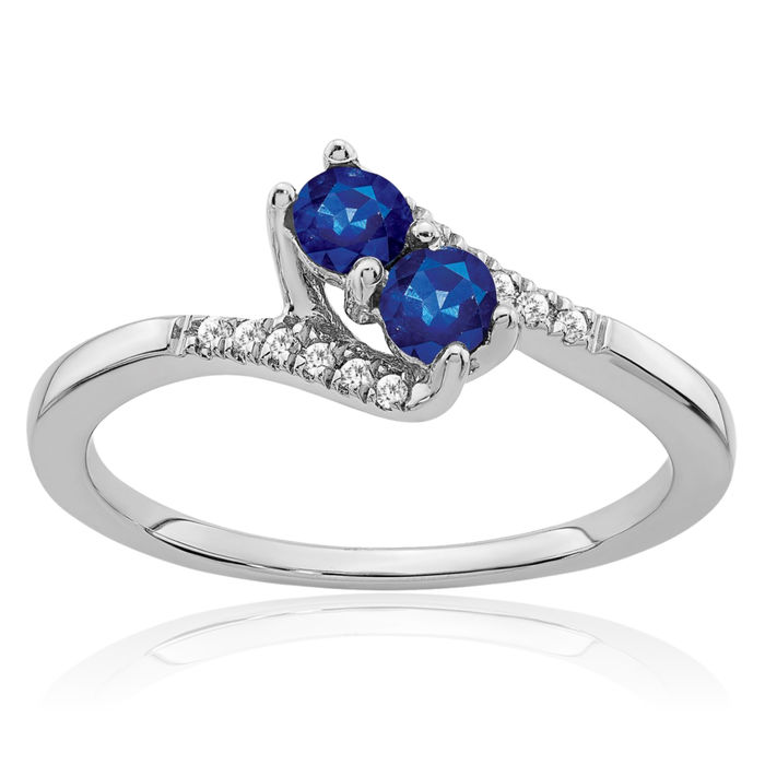 14K Solid White Gold Blue Sapphire Diamond 2 Stone Bypass Ring Gemstone Band September Birthstone Jewelry