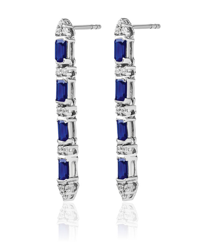 14K Solid White Gold Blue Sapphire Diamond 4 Stone Line Bar Drop Dangle Earrings Gemstone Post Push Back September Birthstone Jewelry