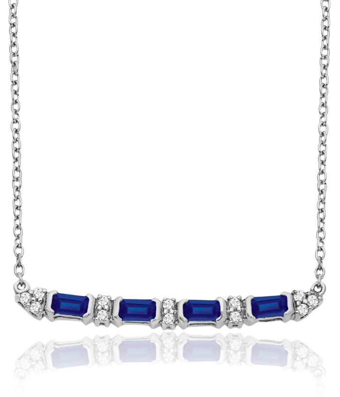 14K Solid White Gold Blue Sapphire Diamond Bar Chain Necklace Gemstone Pendant Charm