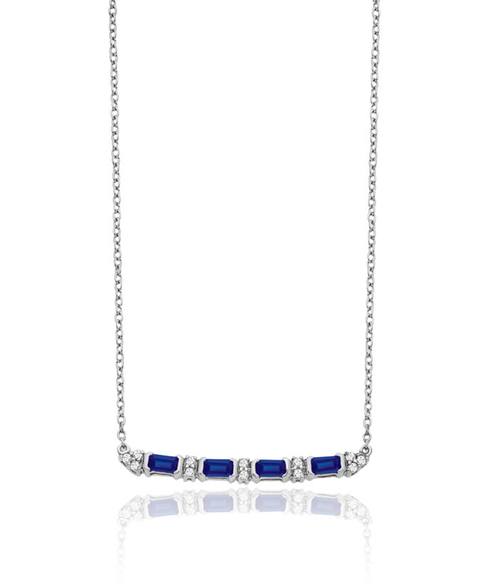 14K Solid White Gold Blue Sapphire Diamond Bar Chain Necklace Gemstone Pendant Charm