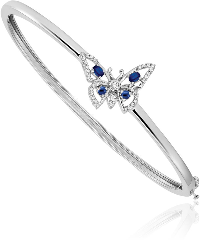 14K Solid White Gold Blue Sapphire Diamond Butterfly Wings Gemstone Bangle Bracelet