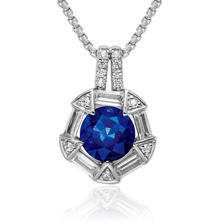 14K Solid White Gold Blue Sapphire Diamond Floating Chain Slide Gemstone Pendant Necklace Charm