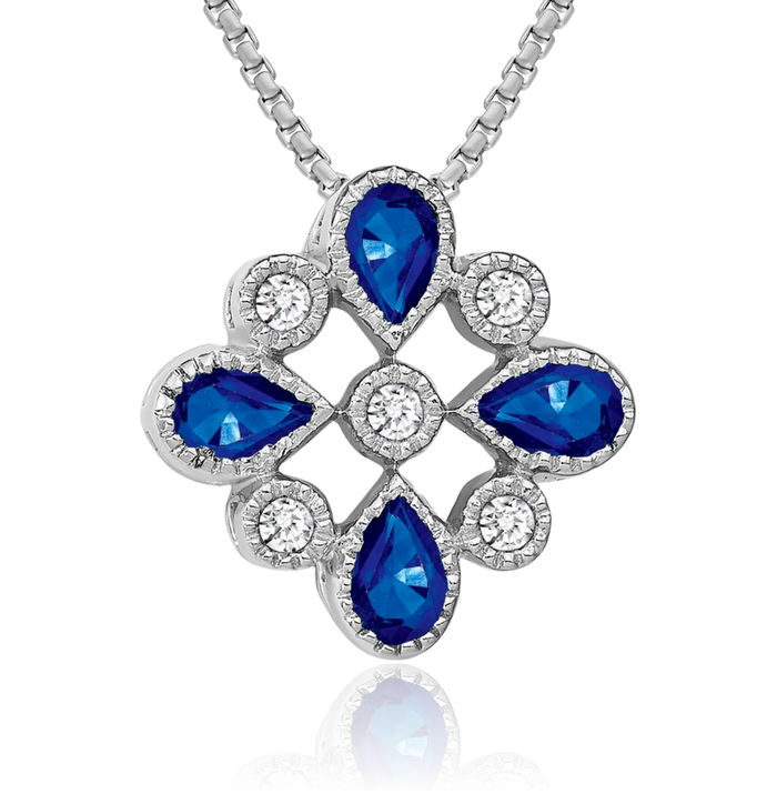 14K Solid White Gold Blue Sapphire Diamond Floating Chain Slide Gemstone Pendant Necklace Charm