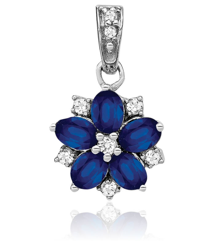 14K Solid White Gold Blue Sapphire Diamond Flower Necklace Charm Gemstone Pendant