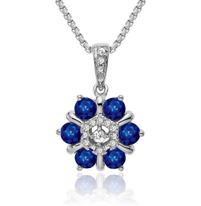 14K Solid White Gold Blue Sapphire Diamond Flower Necklace Charm Gemstone Pendant