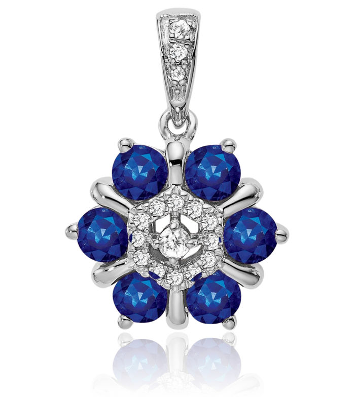 14K Solid White Gold Blue Sapphire Diamond Flower Necklace Charm Gemstone Pendant