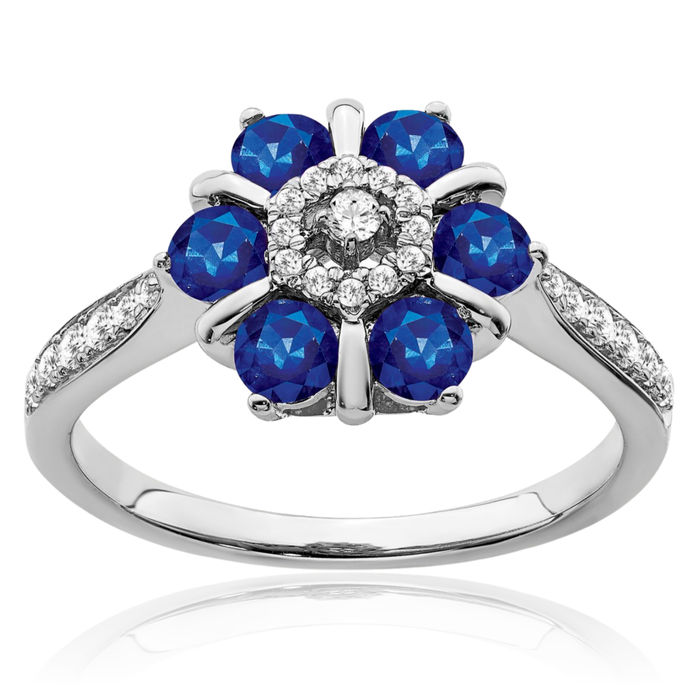 14K Solid White Gold Blue Sapphire Diamond Flower Ring Gemstone Band September Birthstone Jewelry