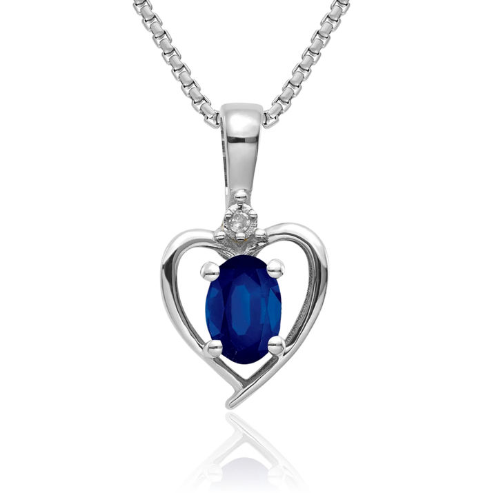 14K Solid White Gold Blue Sapphire Diamond Heart Necklace Gemstone Pendant Charm April September Birthstone Jewelry