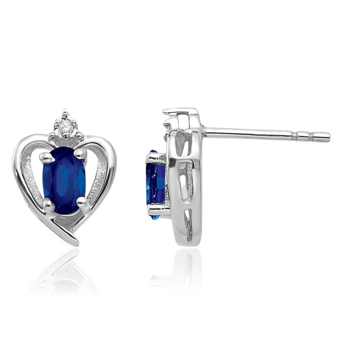 14K Solid White Gold Blue Sapphire Diamond Heart Stud Earrings September Birthstone Jewelry