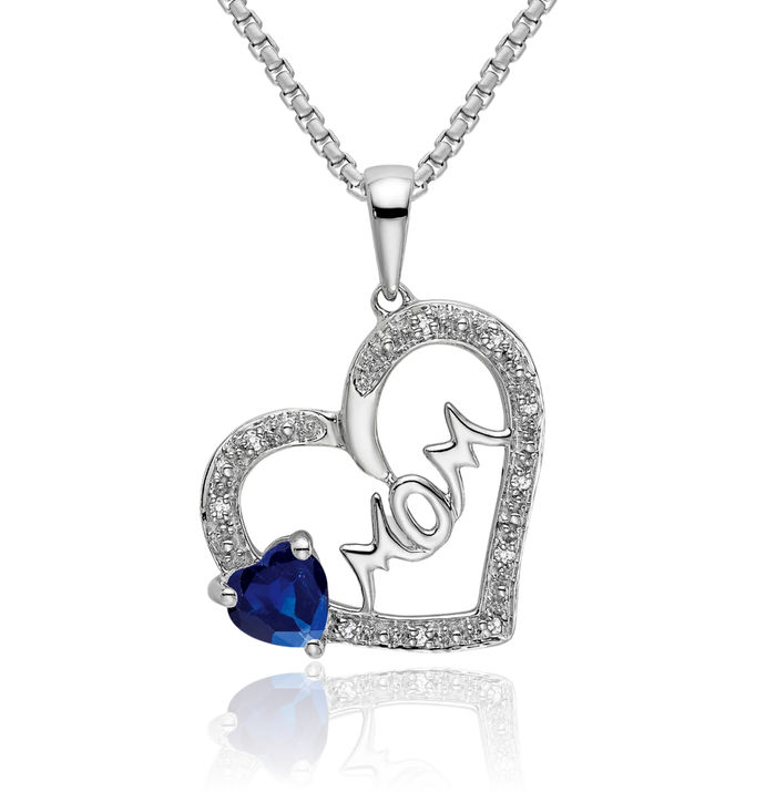 14K Solid White Gold Blue Sapphire Diamond Mom Heart Necklace Mama Charm Gemstone Mother Pendant