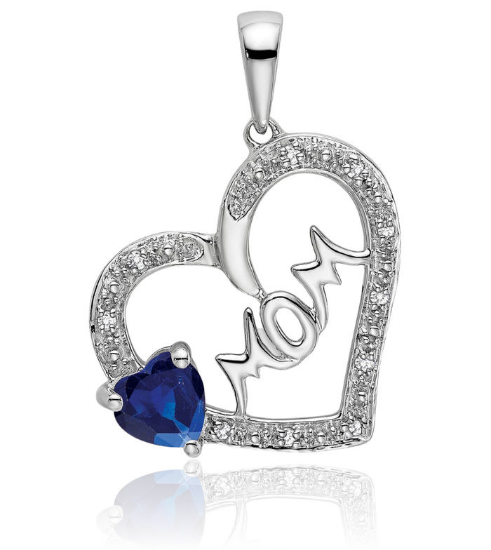 14K Solid White Gold Blue Sapphire Diamond Mom Heart Necklace Mama Charm Gemstone Mother Pendant