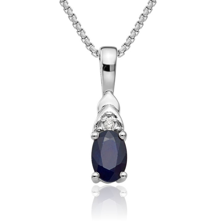 14K Solid White Gold Blue Sapphire Diamond Necklace Gemstone Pendant Charm April September Birthstone Jewelry