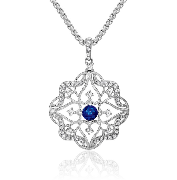 14K Solid White Gold Blue Sapphire Diamond Necklace Charm Gemstone Pendant