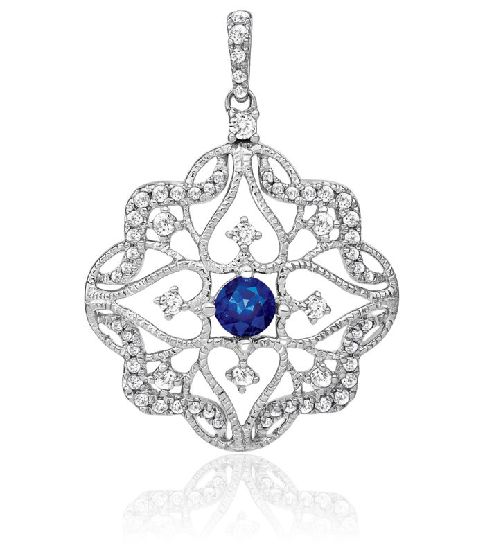 14K Solid White Gold Blue Sapphire Diamond Necklace Charm Gemstone Pendant