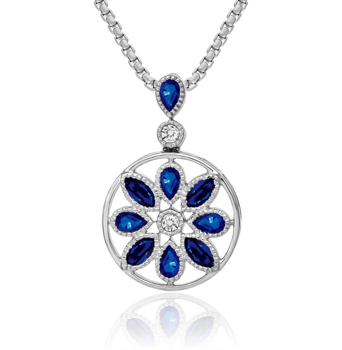 14K Solid White Gold Blue Sapphire Diamond Necklace Charm Gemstone Pendant