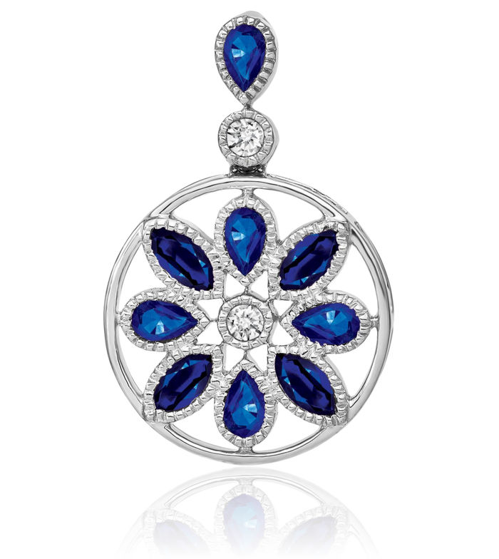 14K Solid White Gold Blue Sapphire Diamond Necklace Charm Gemstone Pendant