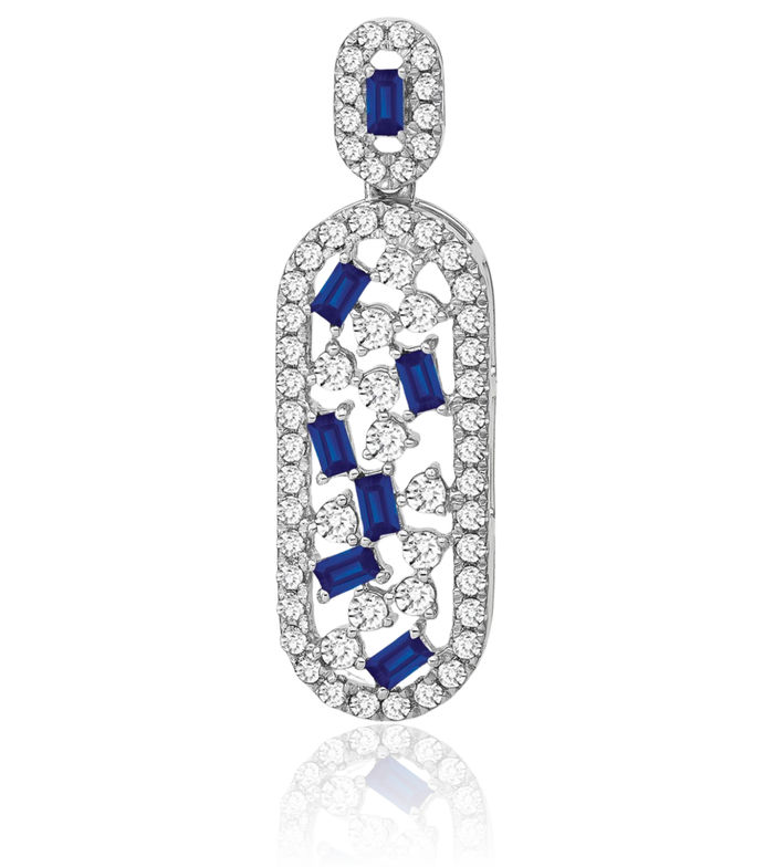 14K Solid White Gold Blue Sapphire Diamond Oval Floating Chain Slide Gemstone Pendant Necklace Charm