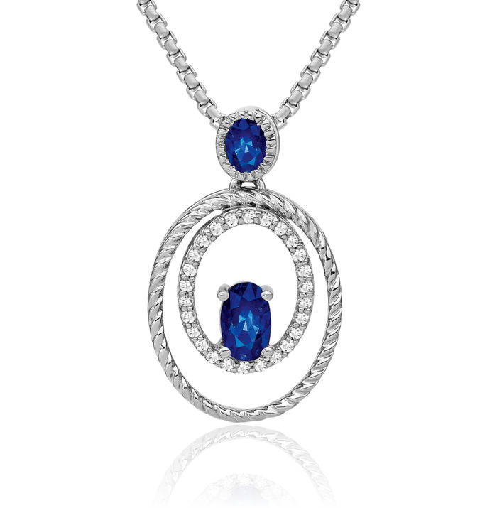 14K Solid White Gold Blue Sapphire Diamond Oval Necklace Charm Gemstone Pendant