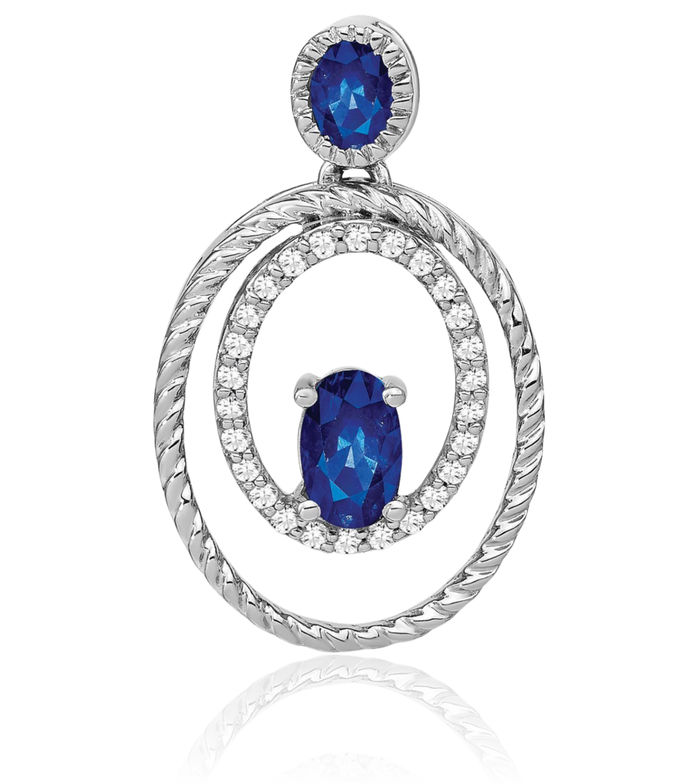 14K Solid White Gold Blue Sapphire Diamond Oval Necklace Charm Gemstone Pendant