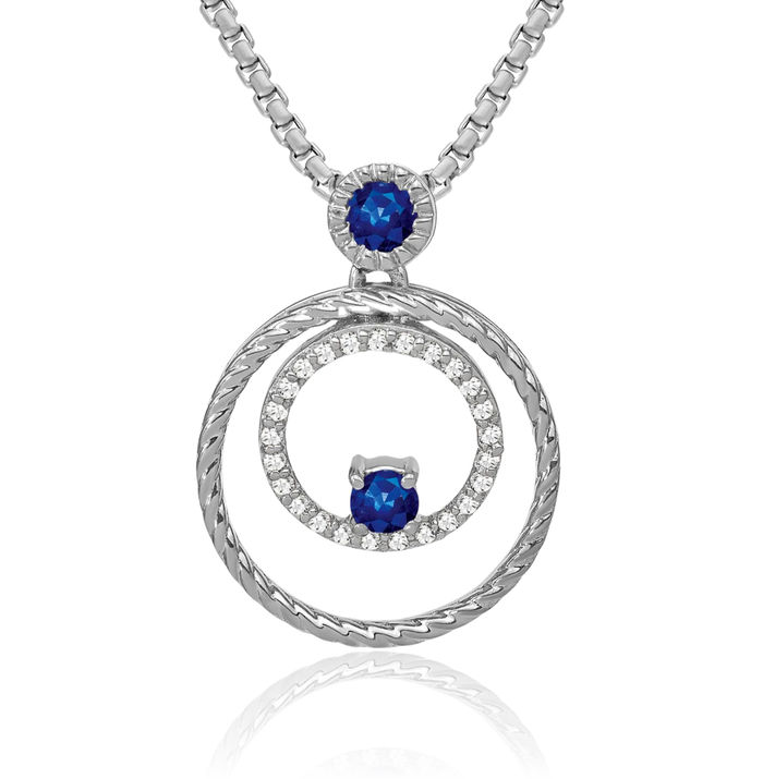 14K Solid White Gold Blue Sapphire Diamond Circle Round Necklace Charm Gemstone Pendant