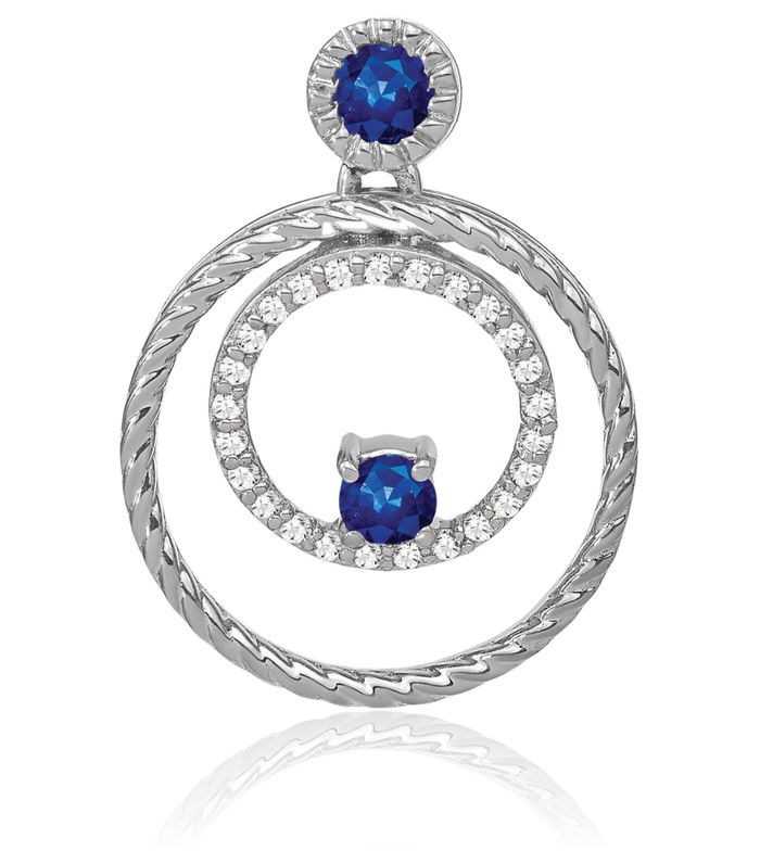 14K Solid White Gold Blue Sapphire Diamond Circle Round Necklace Charm Gemstone Pendant