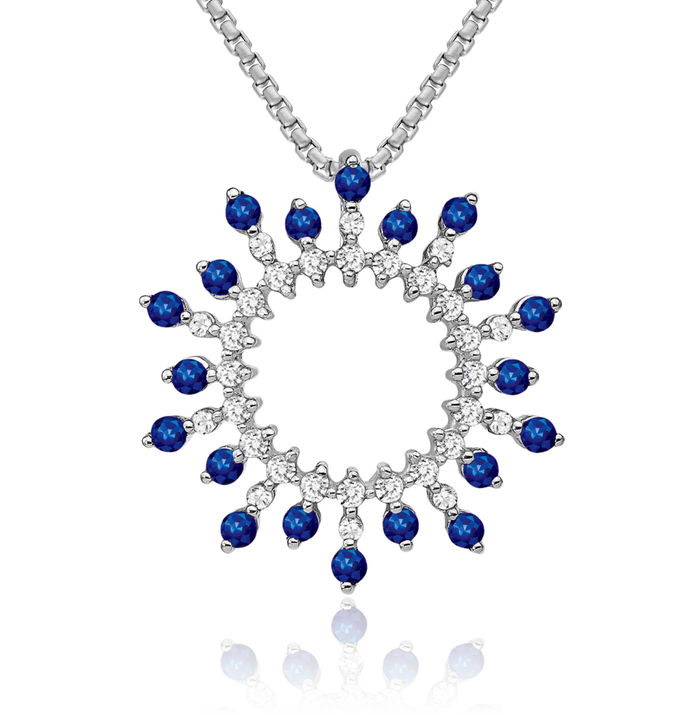 14K Solid White Gold Blue Sapphire Diamond Snowflake Floating Chain Slide Gemstone Pendant Necklace Charm