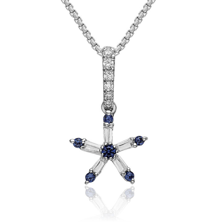 14K Solid White Gold Blue Sapphire Diamond Star Necklace Gemstone Pendant Charm