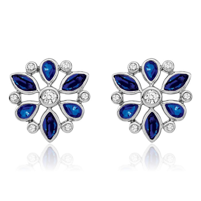 14K Solid White Gold Blue Sapphire Diamond Stud Earrings September Birthstone Jewelry