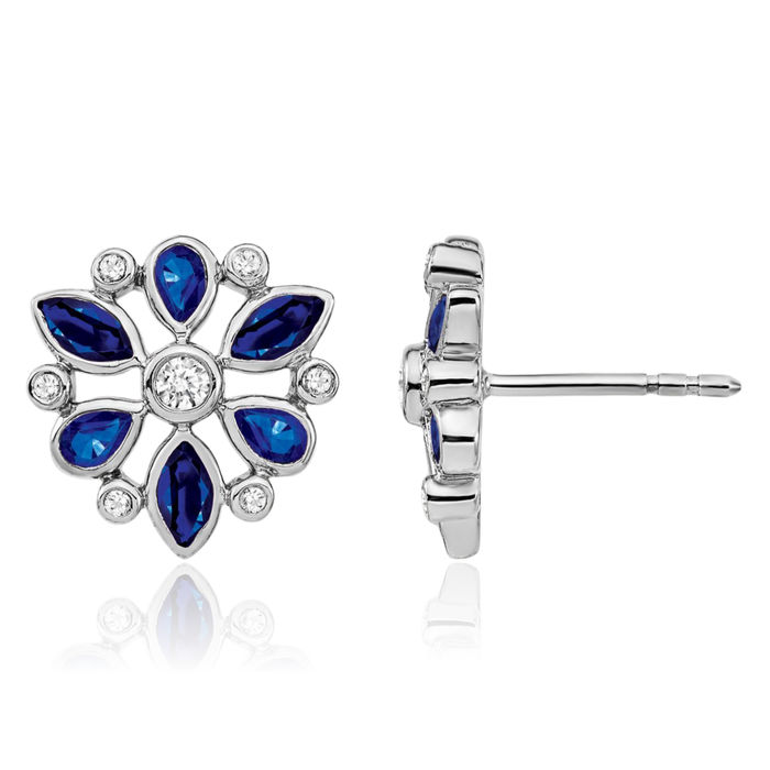 14K Solid White Gold Blue Sapphire Diamond Stud Earrings September Birthstone Jewelry