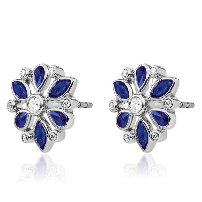 14K Solid White Gold Blue Sapphire Diamond Stud Earrings September Birthstone Jewelry