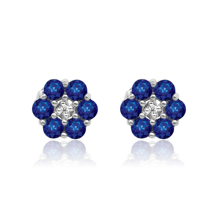 14K Solid White Gold Blue Sapphire Diamond Stud Earrings Gemstone Post Push Back