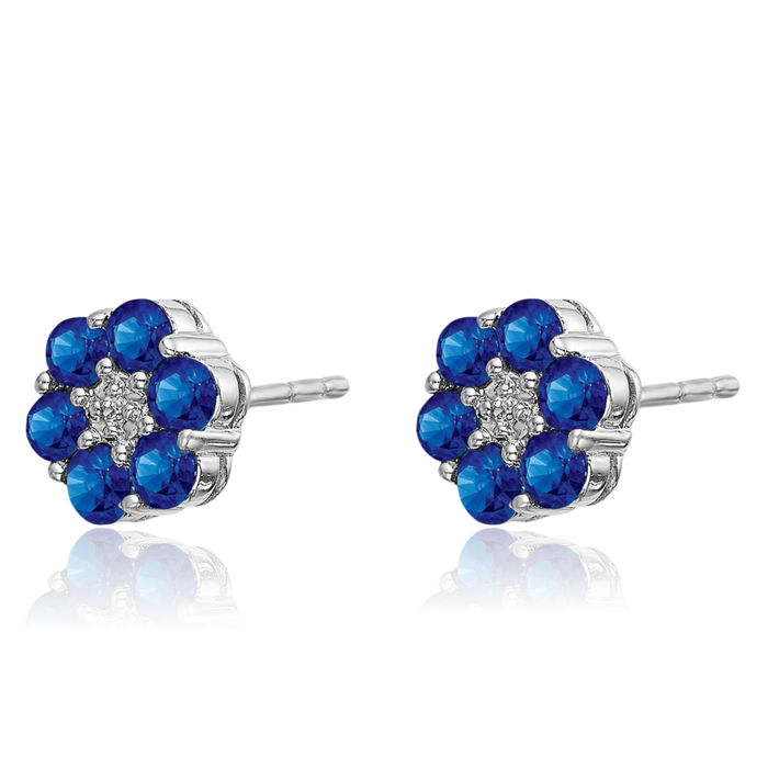 14K Solid White Gold Blue Sapphire Diamond Stud Earrings Gemstone Post Push Back