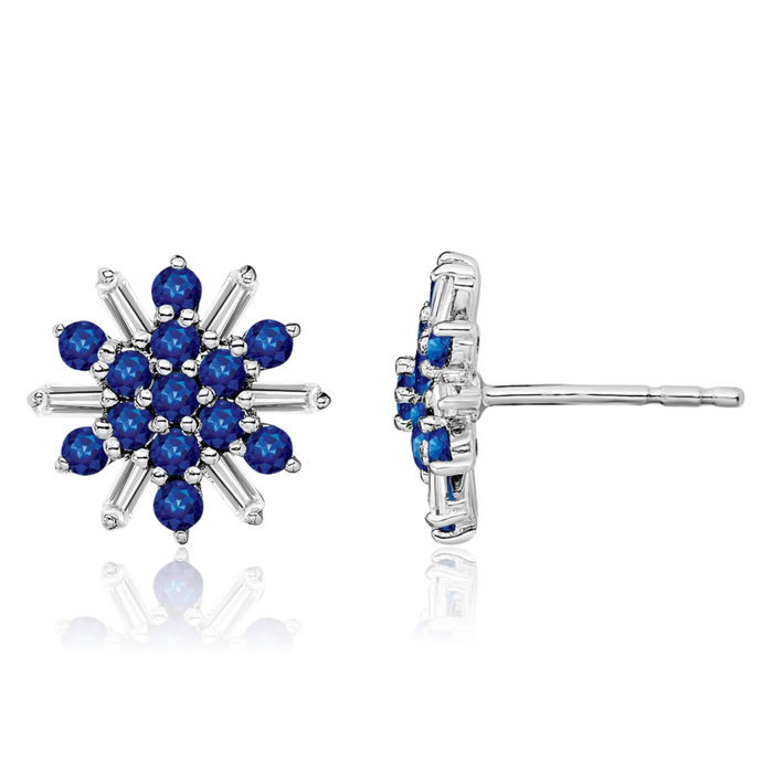 14K Solid White Gold Blue Sapphire Diamond Stud Earrings September Birthstone Jewelry