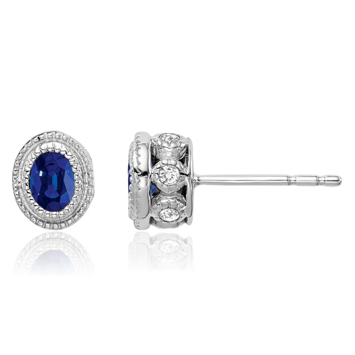 14K Solid White Gold Blue Sapphire Diamond Stud Earrings September Birthstone Jewelry