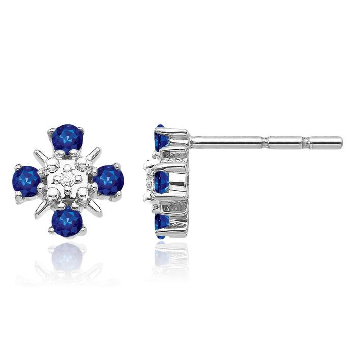 14K Solid White Gold Blue Sapphire Diamond Studs Gemstone Earrings