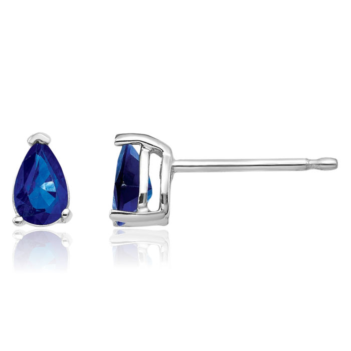 14K Solid White Gold Blue Sapphire Studs Pear Teardrop Gemstone Solitaire Earrings September Birthstone Jewelry