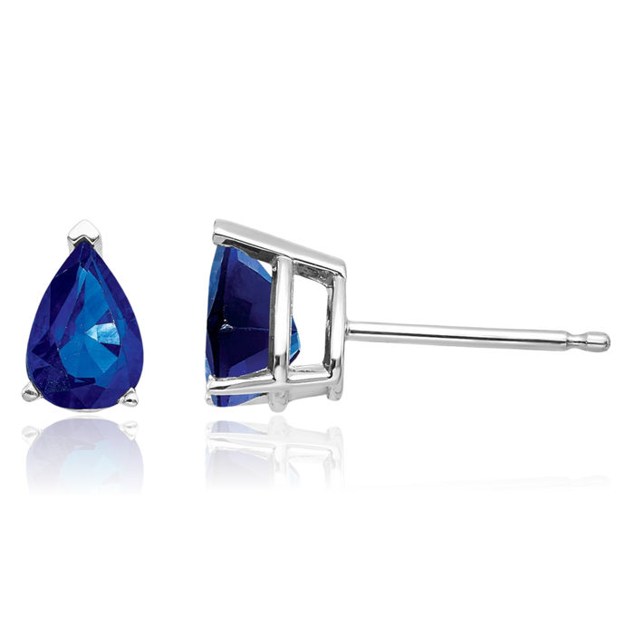 14K Solid White Gold Blue Sapphire Studs Pear Teardrop Gemstone Solitaire Earrings September Birthstone Jewelry