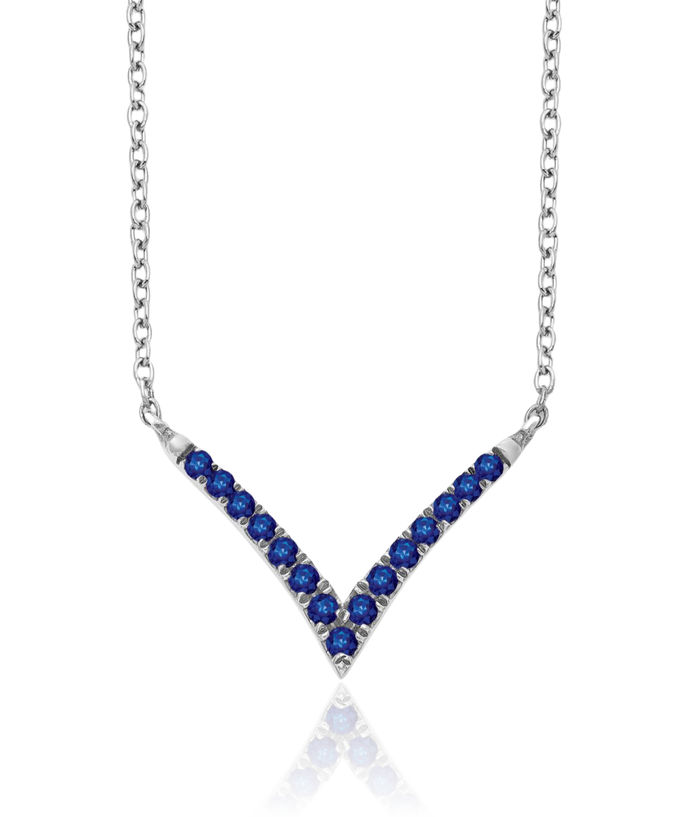 14K Solid White Gold Blue Sapphire V Chain Bar Necklace