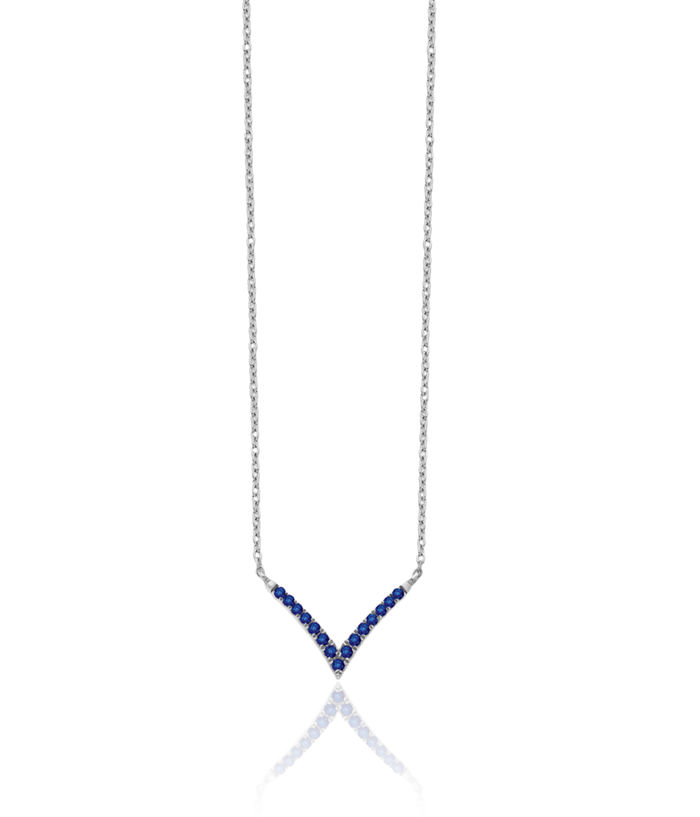 14K Solid White Gold Blue Sapphire V Chain Bar Necklace