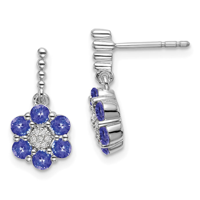 14K Solid White Gold Blue Tanzanite Diamond Drop Dangle Earrings Gemstone Post Push Back December Birthstone Jewelry