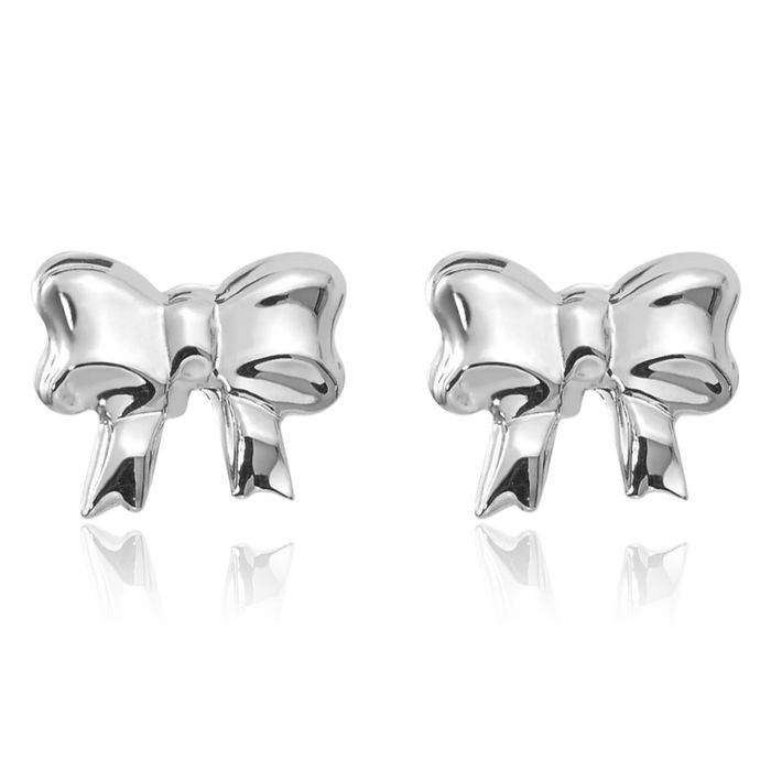 14K Solid White Gold Bow Screw Back Stud Earrings