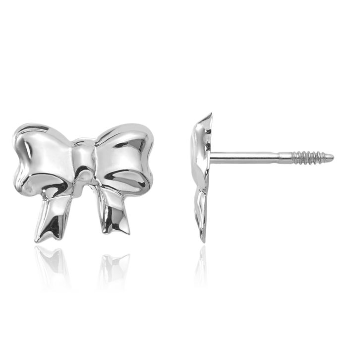 14K Solid White Gold Bow Screw Back Stud Earrings