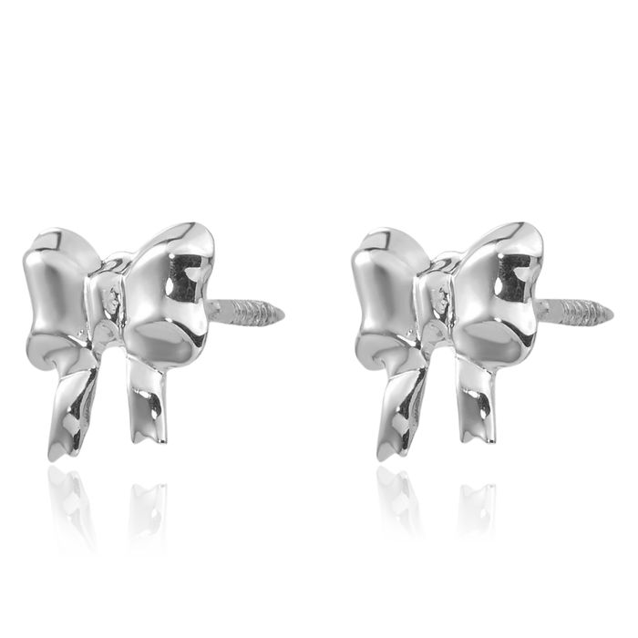 14K Solid White Gold Bow Screw Back Stud Earrings